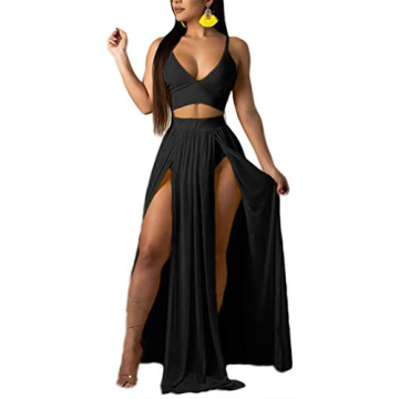 Women Sexy 2 Piece Outfits Dress Chiffon Strap Deep V Neck Bra Crop Top High Split Maxi Dresses Skir...