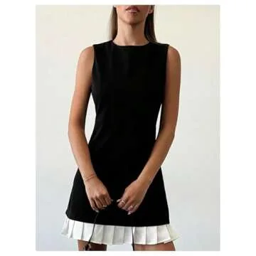 Floerns Women's Sleeveless Tank Short Dress Patchwork Pleated Hem A Line Dress Black and White Medium