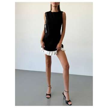 Floerns Women's Sleeveless Tank Short Dress Patchwork Pleated Hem A Line Dress Black and White Medium