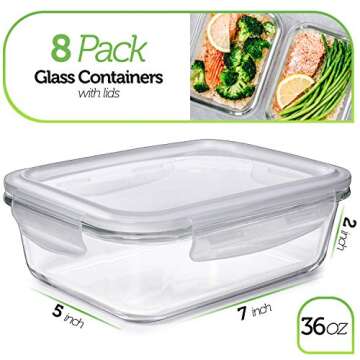 PrepNaturals 8 Pack 36 Oz Glass Meal Prep Containers - Dishwasher Microwave Freezer Oven Safe - Glas...