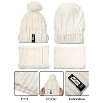 5 Pieces Women Winter Warm Set Knit Beanie Hat Scarf Touchscreen Gloves Earmuffs Stockings 5 in 1 Ski Outing Set for Gift(Milk White, Simple Style)