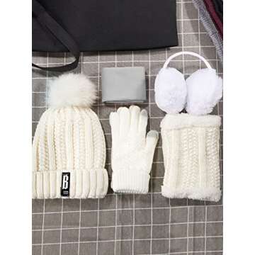 5 Pieces Women Winter Warm Set Knit Beanie Hat Scarf Touchscreen Gloves Earmuffs Stockings 5 in 1 Ski Outing Set for Gift(Milk White, Simple Style)