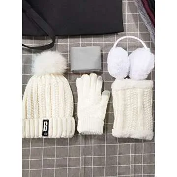 5 Pieces Women Winter Warm Set Knit Beanie Hat Scarf Touchscreen Gloves Earmuffs Stockings 5 in 1 Ski Outing Set for Gift(Milk White, Simple Style)