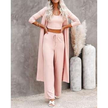 Fessceruna Womens 3 Piece Lounge Sets Pajamas Knit Long Sleeve Cardigan Crop Top Wide Leg Pants Loungewear Set A-pink