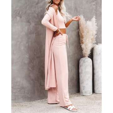 Fessceruna Womens 3 Piece Lounge Sets Pajamas Knit Long Sleeve Cardigan Crop Top Wide Leg Pants Loungewear Set A-pink