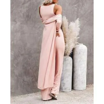 Fessceruna Womens 3 Piece Lounge Sets Pajamas Knit Long Sleeve Cardigan Crop Top Wide Leg Pants Loungewear Set A-pink