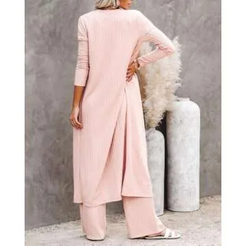 Fessceruna Womens 3 Piece Lounge Sets Pajamas Knit Long Sleeve Cardigan Crop Top Wide Leg Pants Loungewear Set A-pink