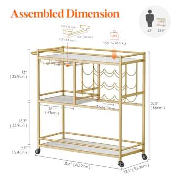 Lifewit Bar Cart for The Home, 3 Tier Drink Cart with Lockable Wheels, 12 Wine Rack and 3 Rows Glass Holders, Liquor Serving Cart for Kitchen Dining Livingroom, 31.6" x 13.1" x 33.9", Gold