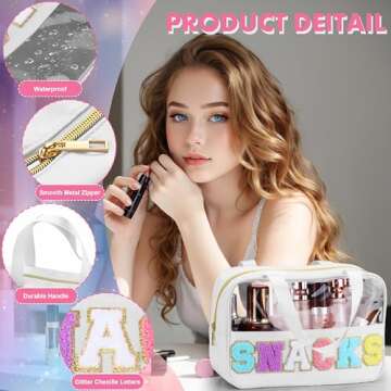 Snack Bag for Travel - Chenille Letter Clear Makeup Bag, Large Preppy Patch Snack Cosmetic Bag with Handle and Zipper, Cute Makeup Pouch Nylon&PVC Waterproof Toiletry Organizer Storage for Women Girls