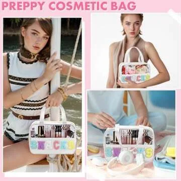 Snack Bag for Travel - Chenille Letter Clear Makeup Bag, Large Preppy Patch Snack Cosmetic Bag with Handle and Zipper, Cute Makeup Pouch Nylon&PVC Waterproof Toiletry Organizer Storage for Women Girls
