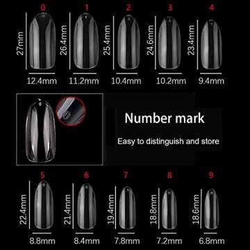 500Pcs Oval Nail Tips for Acrylic Clear Fake Nails Full Cover, 10 Sizes