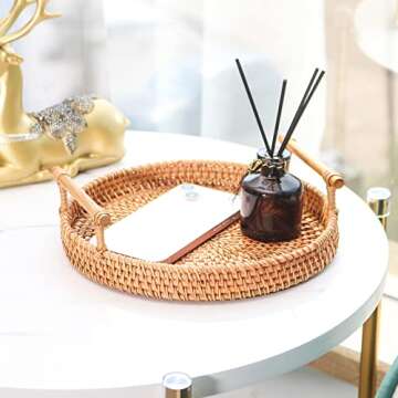 OFIDELITY Wicker Small Baskets Tray, 8 Inch Mini Rattan Round Serving Trays with Wooden Handles, Woven Boho Decor Tray Handmade, Wicker Tray for Coffee Table Party Bathroom Decorative