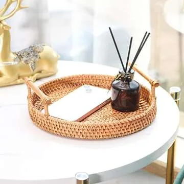 OFIDELITY Wicker Small Baskets Tray, 8 Inch Mini Rattan Round Serving Trays with Wooden Handles, Woven Boho Decor Tray Handmade, Wicker Tray for Coffee Table Party Bathroom Decorative