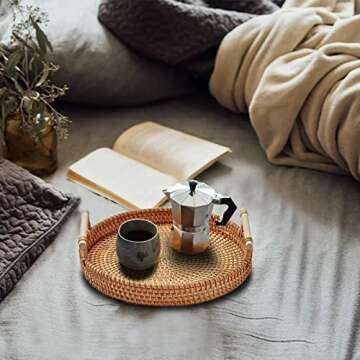 OFIDELITY Wicker Small Baskets Tray, 8 Inch Mini Rattan Round Serving Trays with Wooden Handles, Woven Boho Decor Tray Handmade, Wicker Tray for Coffee Table Party Bathroom Decorative