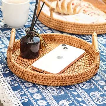 OFIDELITY Wicker Small Baskets Tray, 8 Inch Mini Rattan Round Serving Trays with Wooden Handles, Woven Boho Decor Tray Handmade, Wicker Tray for Coffee Table Party Bathroom Decorative