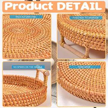 OFIDELITY Wicker Small Baskets Tray, 8 Inch Mini Rattan Round Serving Trays with Wooden Handles, Woven Boho Decor Tray Handmade, Wicker Tray for Coffee Table Party Bathroom Decorative