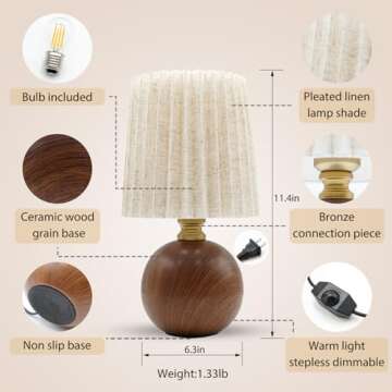 nomoluke Small Pleated Table Lamp for Bedroom, Bedside Lamps for Nightstand, Dimmable Desk Lamp Ceramic Wood Grain Base Round Flaxen Fabric Shade for Living Room, Kids Room, LED Bulb Included (Modern)
