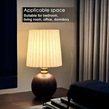 nomoluke Small Pleated Table Lamp for Bedroom, Bedside Lamps for Nightstand, Dimmable Desk Lamp Ceramic Wood Grain Base Round Flaxen Fabric Shade for Living Room, Kids Room, LED Bulb Included (Modern)