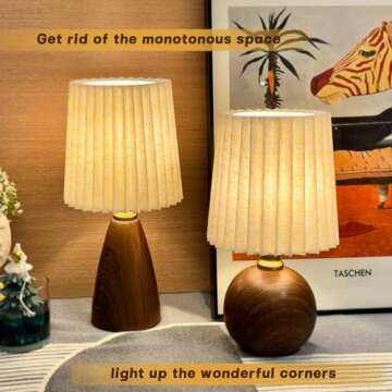 nomoluke Small Pleated Table Lamp for Bedroom, Bedside Lamps for Nightstand, Dimmable Desk Lamp Ceramic Wood Grain Base Round Flaxen Fabric Shade for Living Room, Kids Room, LED Bulb Included (Modern)