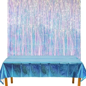 GREATRIL Iridescent Foil Fringe Curtains 2 Packs and Blue Party Table Cloths 2 Packs for Party Backd...