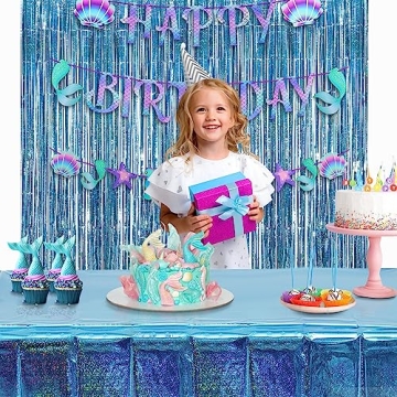 GREATRIL Iridescent Fringe Curtains & Blue Table Cloths