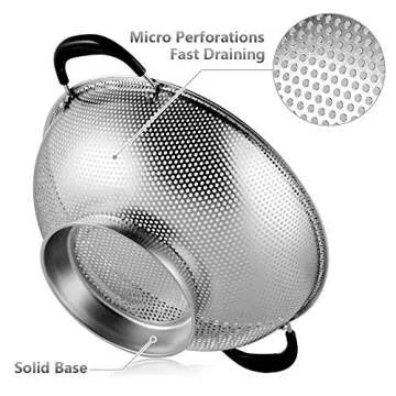 18/8 Stainless Steel Colander, Easy Grip Micro-Perforated 5-Quart Colander, Strainer with Riveted and Heat Resistant Handles, BPA Free. Great for Pasta, Noodles, Vegetables and Fruits