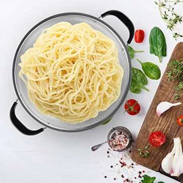 18/8 Stainless Steel Colander, Easy Grip Micro-Perforated 5-Quart Colander, Strainer with Riveted and Heat Resistant Handles, BPA Free. Great for Pasta, Noodles, Vegetables and Fruits