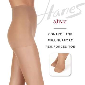 Hanes Women's Alive Control Top Reinforced Toe Sheer Pantyhose for Ultimate Comfort and Support, Barely Black, Size A (Pack of 1)