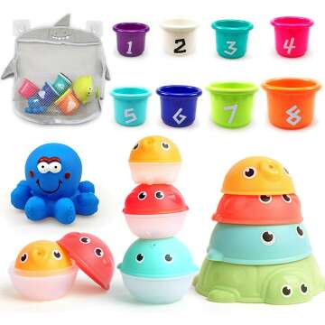 MoraBaby Bath Time Fun: 8 Stacking Cups & 4 Squirts for Toddlers