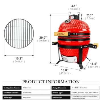 London Sunshine Ceramic BBQ Charcoal Kamado Grill 13 inch Portable Tabletop BBQ Grill Red