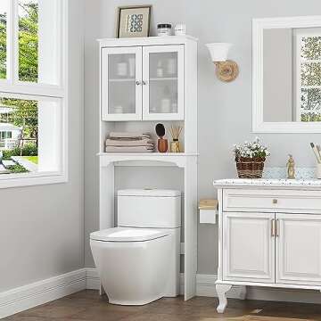 Spirich Over The Toilet Storage Cabinet, Above Toilet Storage Shelf with Glass Doors, Behind Toilet Bathroom Organizer, White