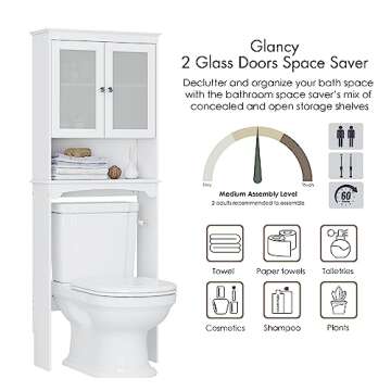 Spirich Over The Toilet Storage Cabinet, Above Toilet Storage Shelf with Glass Doors, Behind Toilet Bathroom Organizer, White
