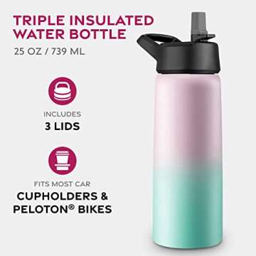 FineDine Triple Walled, Insulated Water Bottles with Straw - 25 Oz Stainless Steel Metal Bottle W/ 3 Leak Proof Lids - For Travel, School, Sports, Gym / Men, Women & Kids - Dreamy Pink-Green