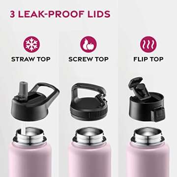 FineDine Triple Walled, Insulated Water Bottles with Straw - 25 Oz Stainless Steel Metal Bottle W/ 3 Leak Proof Lids - For Travel, School, Sports, Gym / Men, Women & Kids - Dreamy Pink-Green