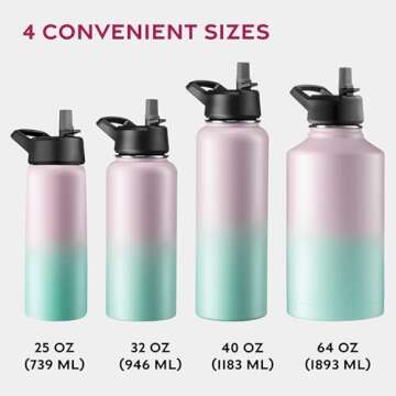 FineDine Triple Walled, Insulated Water Bottles with Straw - 25 Oz Stainless Steel Metal Bottle W/ 3 Leak Proof Lids - For Travel, School, Sports, Gym / Men, Women & Kids - Dreamy Pink-Green