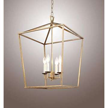 Rustic Aged Gold Cage Large Lantern Chandelier Pendant, Ceiling Light Fixture 17" Wide