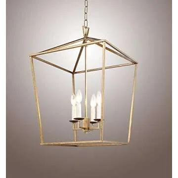 Rustic Aged Gold Cage Large Lantern Chandelier Pendant, Ceiling Light Fixture 17" Wide