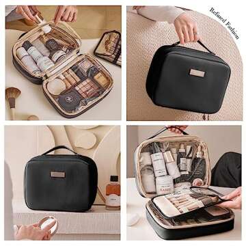 BAKLUCK Large Capacity Makeup Travel Bag with Double Clear Sided, Waterproof PU Leather - Ideal Travel Cosmetic Bag for Organizing and Storing Makeup Essentials Valentines Day Gifts,Black