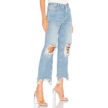 LifeShe Women's Ripped Jeans Casual Mid Rise Straight Leg Denim Pants Raw Hem Cropped Jeans Blue