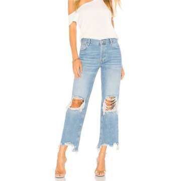 LifeShe Women's Ripped Jeans Casual Mid Rise Straight Leg Denim Pants Raw Hem Cropped Jeans Blue
