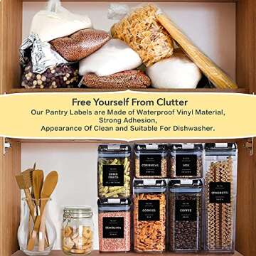 Kitchen 132 Pantry Labels Preprinted - Minimalist Black Waterproof Stickers for Food Containers and Jars Organization - Farmhouse Vinyl White Text On Black Glossy Finish Pantry Labels Stickers