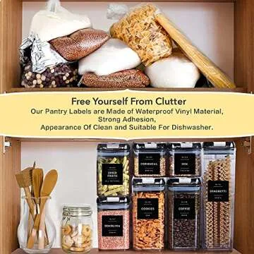 Kitchen 132 Pantry Labels Preprinted - Minimalist Black Waterproof Stickers for Food Containers and Jars Organization - Farmhouse Vinyl White Text On Black Glossy Finish Pantry Labels Stickers