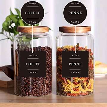 Kitchen 132 Pantry Labels Preprinted - Minimalist Black Waterproof Stickers for Food Containers and Jars Organization - Farmhouse Vinyl White Text On Black Glossy Finish Pantry Labels Stickers