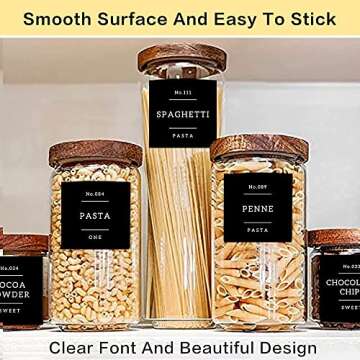 Kitchen 132 Pantry Labels Preprinted - Minimalist Black Waterproof Stickers for Food Containers and Jars Organization - Farmhouse Vinyl White Text On Black Glossy Finish Pantry Labels Stickers