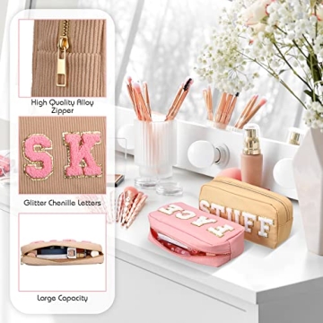 Kajaia Nylon Chenille Letter Makeup Pouches Stylish Durable Spacious