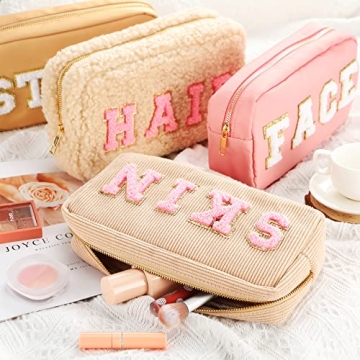 Kajaia Nylon Chenille Letter Makeup Pouches Stylish Durable Spacious