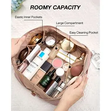 BAGSMART Travel Makeup Bag - Water-Resistant Portable Cosmetic Pouch, Flat Open Organizer for Toiletries and Brushes, Pink