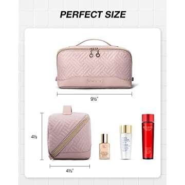 BAGSMART Travel Makeup Bag - Water-Resistant Portable Cosmetic Pouch, Flat Open Organizer for Toiletries and Brushes, Pink