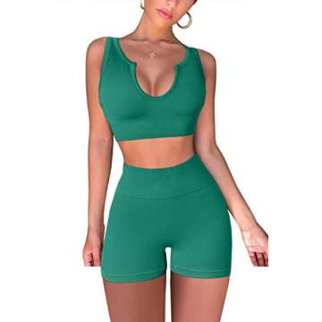 QINSEN FAFOFA Active Wear Outfits for Women Seamless Sport Shorts Crop Tank 2 Piece Yoga Sets Green L