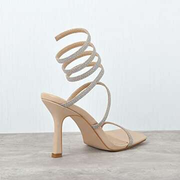 Richealnana Glitter Straps For Party Prom Bling Sandals For Women High Heel Stilettos Square Toe One Band Open Toe Sparkle Glitter Straps Nude US 7